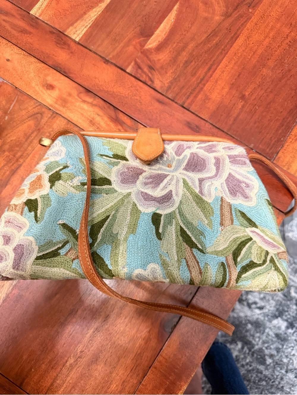 Vintage T Capelli Floral Tapestry Crossbody Bag in Aqua, Lavender and Tan